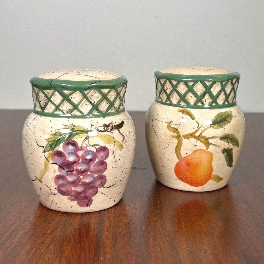 Raymond Waites Cornucopia Salt Pepper Shakers Fruit Grapes Pear Lattice CIC Vtg